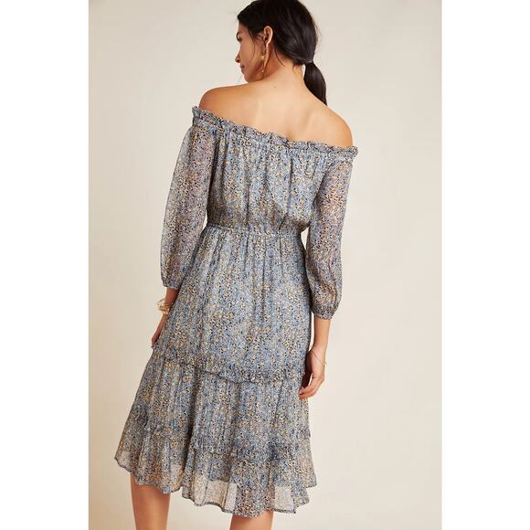 Anthropologie Blue Floral Kira Off The Shoulder Peasant Midi Tiered Dress Size 4 - Picture 2 of 8